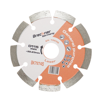 Gyémánt szegmentált tárcsa 115x22.23mm, szegmens 10mm téglához, betonhoz, falazathoz, falazathoz, csavarokhoz, kőhöz Breckner Germany