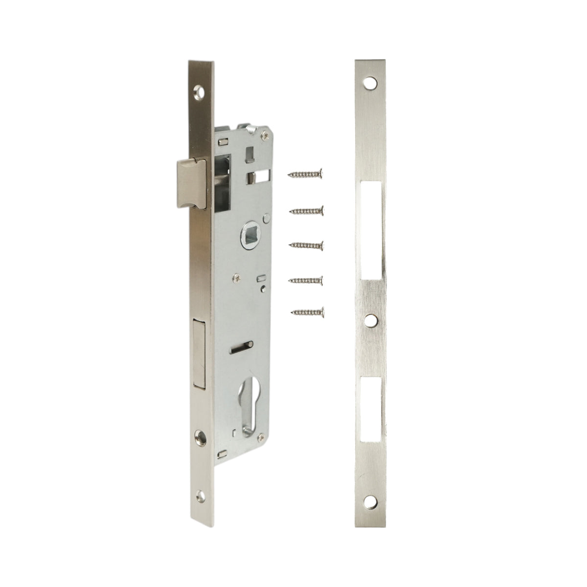 Beépített ajtózár nyelvvel 43x174mm, előlap 16x240mm, szatén nikkel, csavarok mellékelve