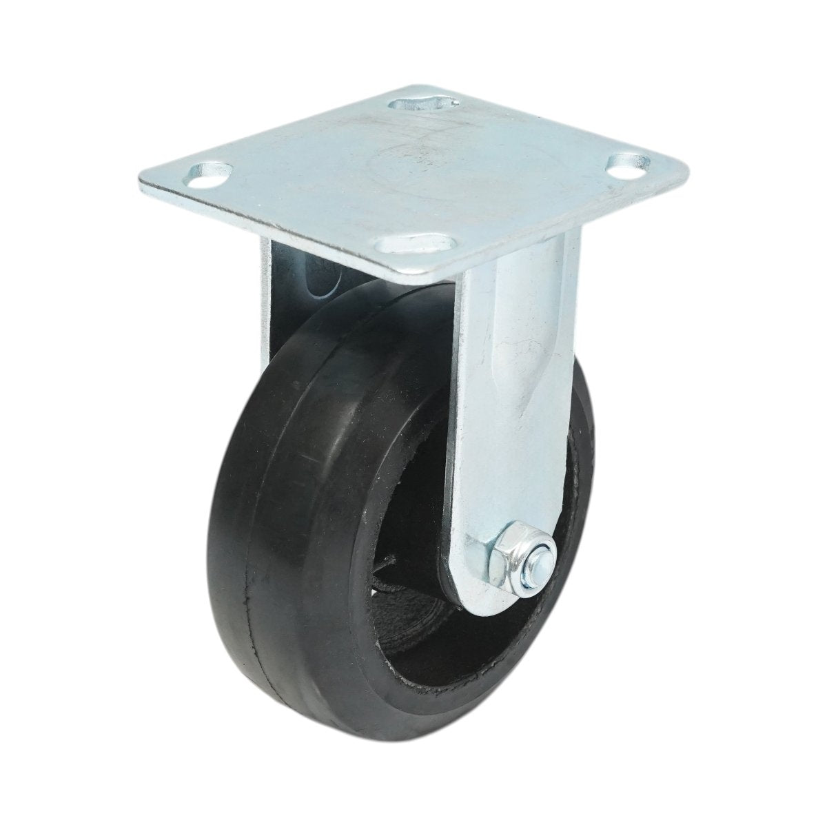 Rögzített ipari kerék 125x50mm fék nélkül, fekete tömör gumi, 115x100mm acél lemez 130kg