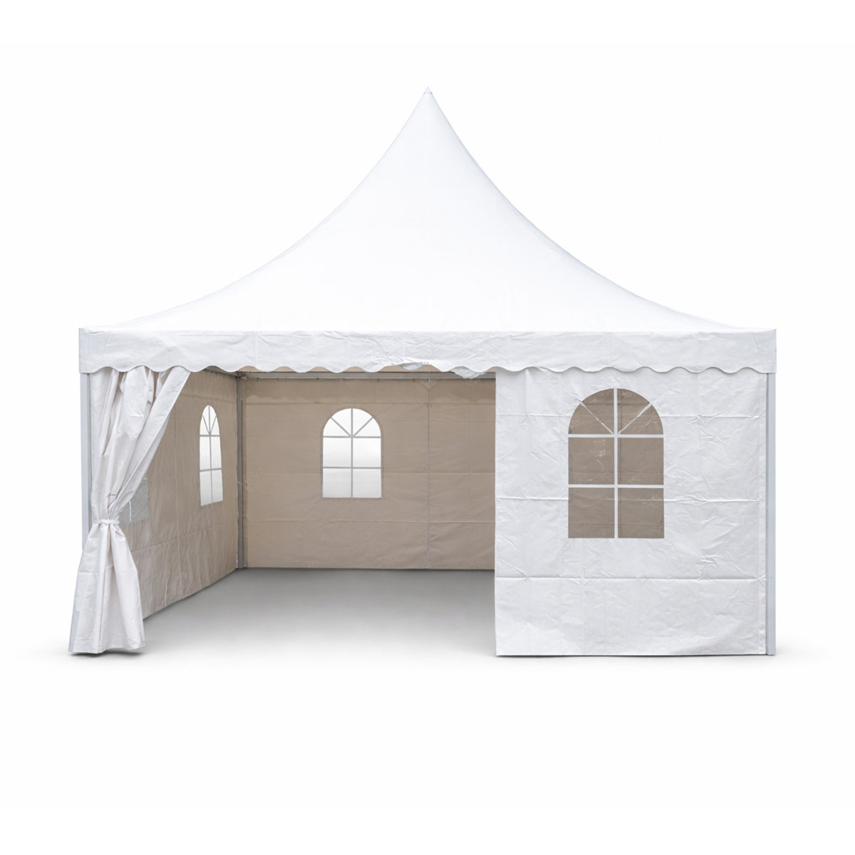 Pagoda típusú eseménysátor pavilon 5x5m, fehér UV-álló vízálló, PVC 750g/m2 tetőzet, acél-alumínium keret 48x48x2.5mm