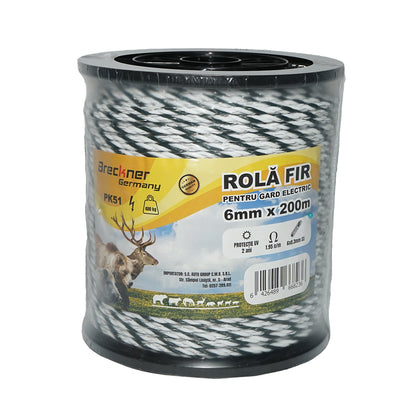 Tekercs fekete-fehér huzal fi 6mm, 6x0.3mm SS rozsdamentes, 1.95 Ohm/m 200m elektromos kerítés Breckner Germany