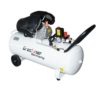 100 literes légkompresszor, 1,5 kW/2 LE V-twin motor, maximális nyomás 8 bar, levegőbeömlési térfogat 360 l/perc Breckner Germany