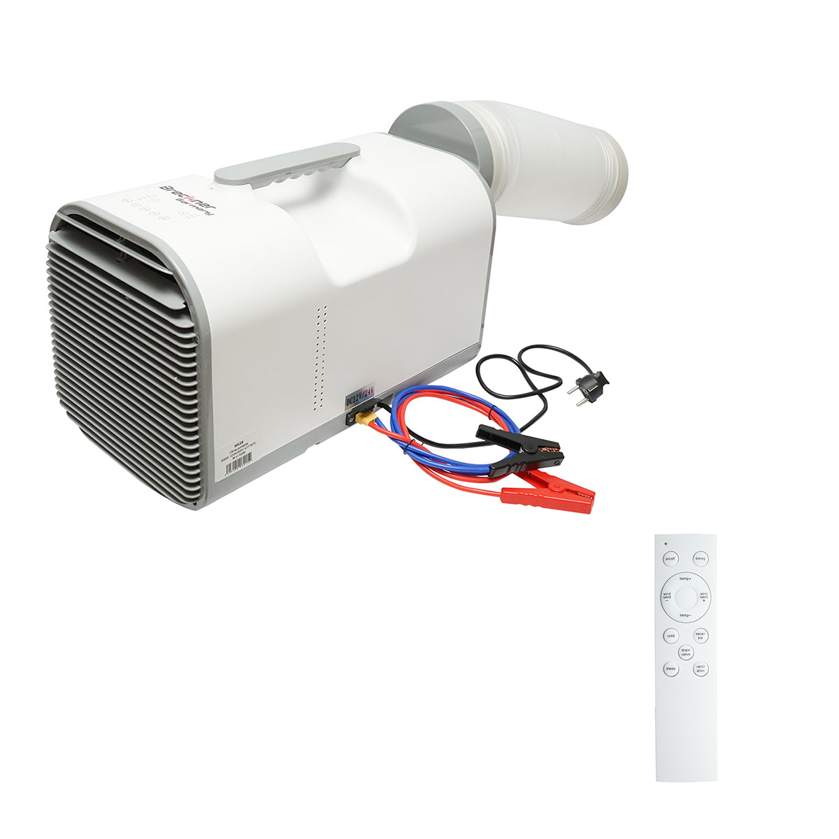 Hordozható légkondicionáló 4777 BTU, 600W, 12V-24V-220V, párátlanító funkcióval, szellőztetéssel, távirányítóval, alvó üzemmóddal, szerelőkészlet tartozék Breckner Germany