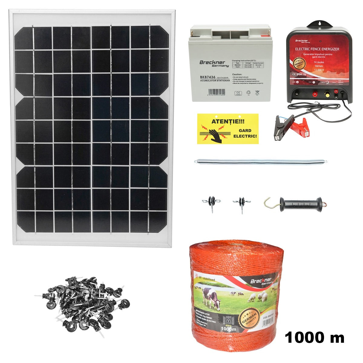 Teljes elektromos kerítés készlet 12V 14 Joule 20W-os napelemmel, 1000m huzalhosszal, 100 szigetelővel, kapukészlettel és 1x12V/17Ah akkumulátorral Breckner Germany