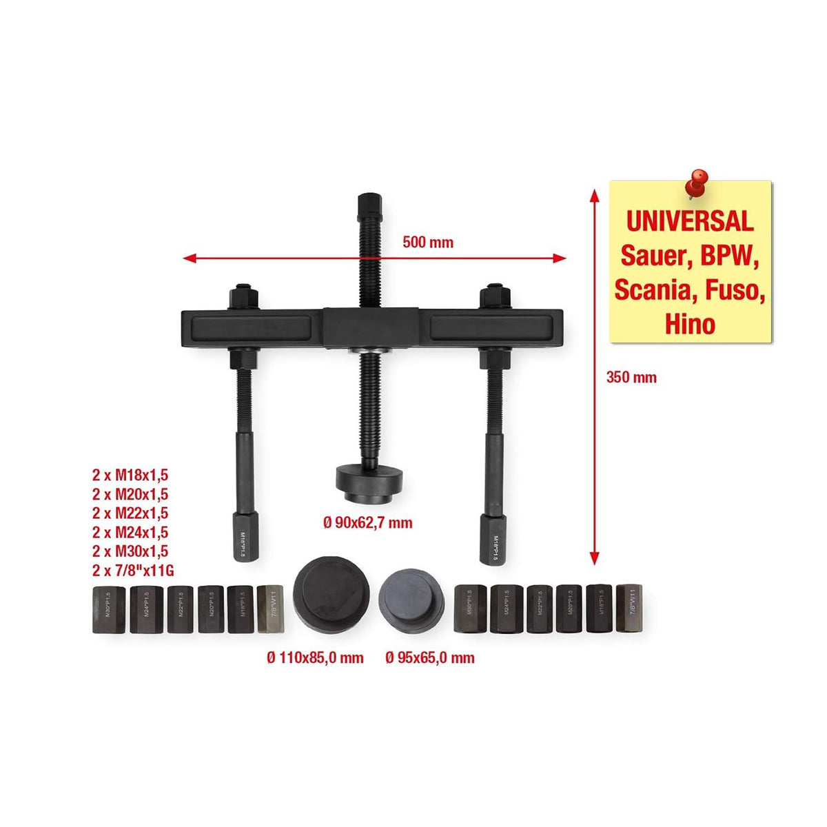 Kerékagycsapágy kinyomó készlet teherautóhoz M18-M30 7/8-11W PCD 110-448mm 23 darabos Breckner Germany