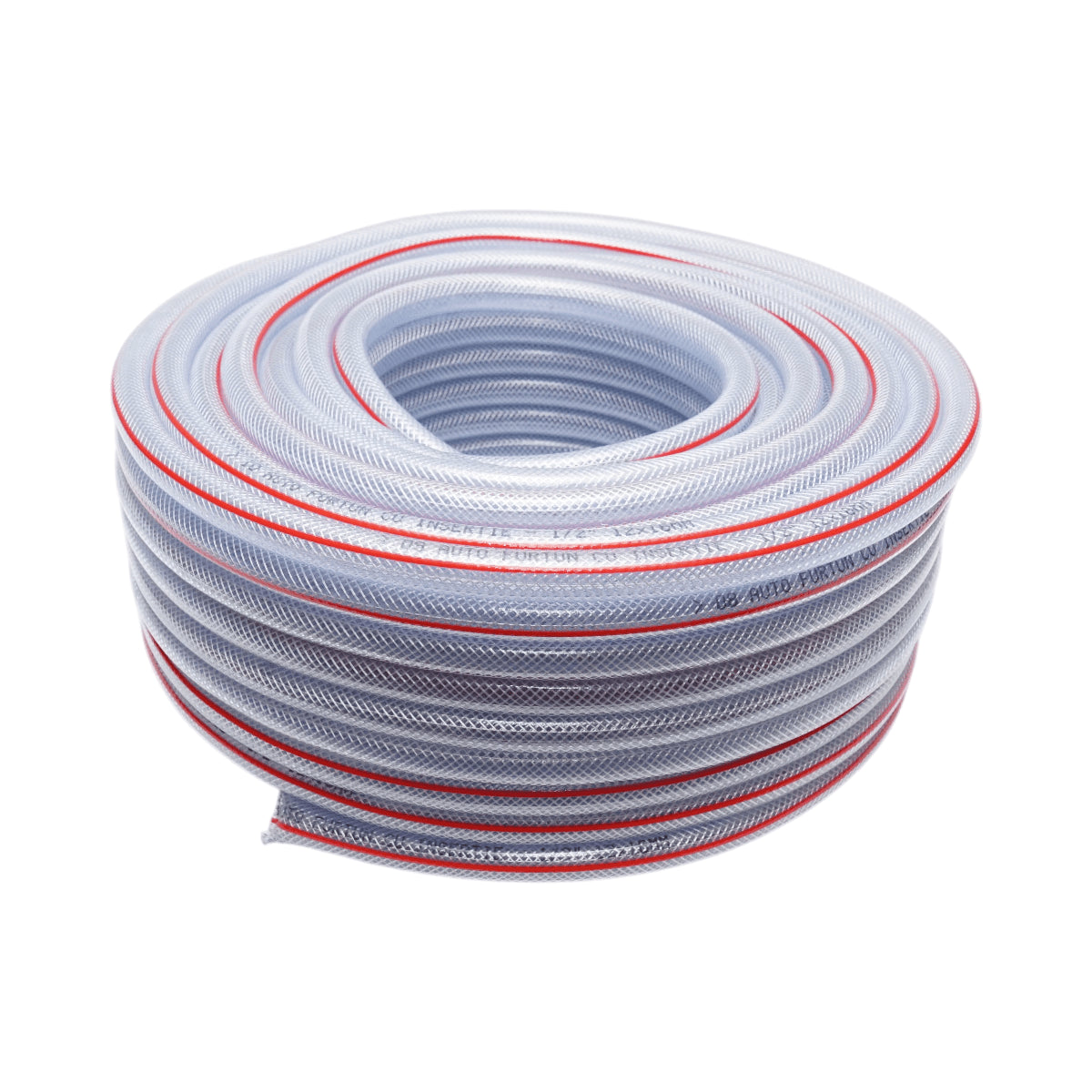Átlátszó PVC kerti tömlő, slag, 1/2 inch (12mm), PN7 rúd, 12x16mm fonott textilbetéttel 50m/tekercs