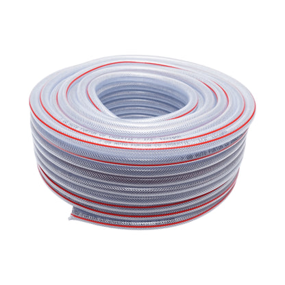 Átlátszó PVC kerti tömlő, slag, 1/2 inch (12mm), PN7 rúd, 12x16mm fonott textilbetéttel 50m/tekercs