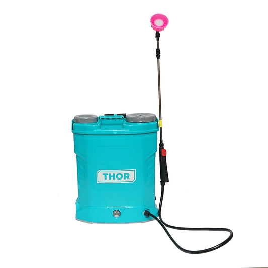 Permetezőszivattyú, elektromos vermorel, 20 literes tartály, 12V/8Ah akkumulátor, 4 fúvóka, áramlás 4 l/min, nyomás 6,8 bar THOR