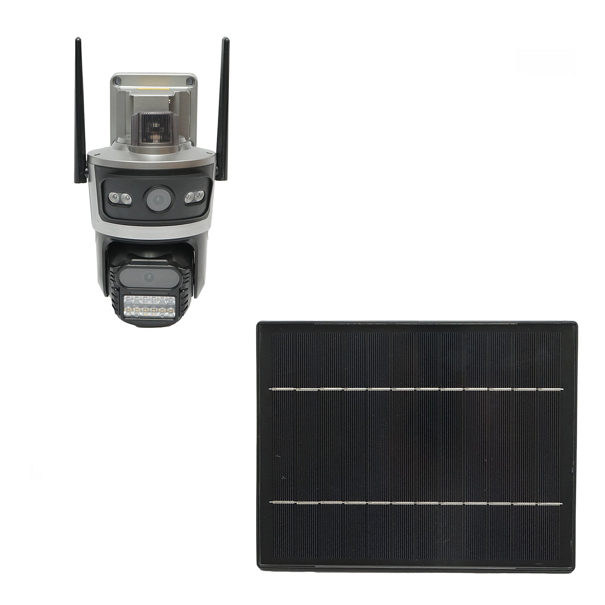 4 MP kettős lencsés megfigyelő kamera, 4G sim kártya, WIFI 2,4 GHz 7,6 W-os napelemmel, 18650-es akkumulátor gyors töltés, 360 fokos PTZ forgó 360 fokos PTZ mozgásérzékelővel, emberi PIR érzékeléssel, riasztás, éjjellátó és iCSee alkalmazással.