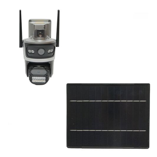 4 MP kettős lencsés megfigyelő kamera, 4G sim kártya, WIFI 2,4 GHz 7,6 W-os napelemmel, 18650-es akkumulátor gyors töltés, 360 fokos PTZ forgó 360 fokos PTZ mozgásérzékelővel, emberi PIR érzékeléssel, riasztás, éjjellátó és iCSee alkalmazással.