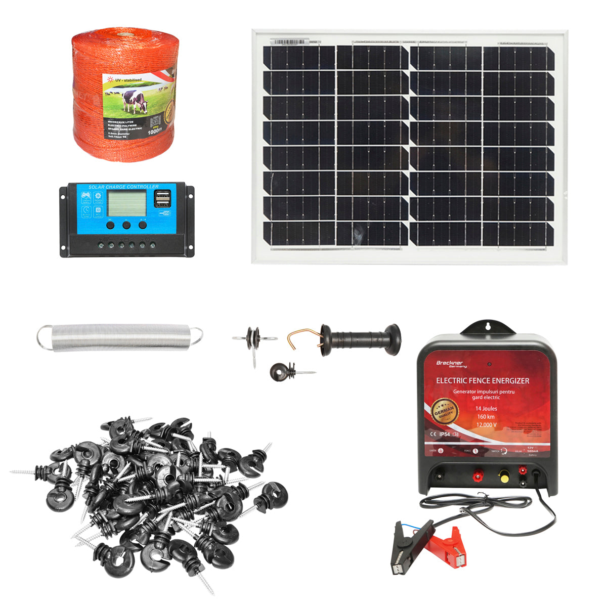 Teljes elektromos kerítés készlet 12V, 14 Joule vezeték hossza 1000m, 20W-os napelemmel és 100 szigetelővel Breckner Germany