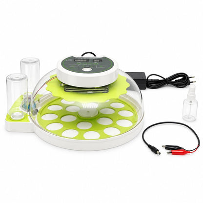 Automata tojásinkubátor, keltető gép 18 tojáshoz 60W, 12V-220V, automata fordítás, LED ovoszkóp, hőmérséklet-szabályozás, páratartalom, digitális kijelző, riasztás