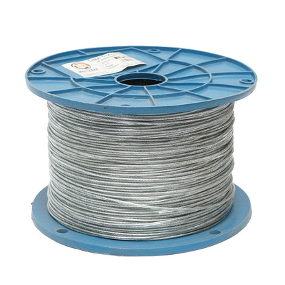 Horganyzott acélkábel 2 mm-es PVC burkolattal, 1x7 szál, maximális terhelés 95 kg, súly 4,4 kg, 500 m/tekercs.