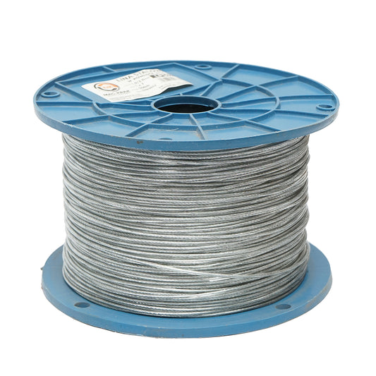 Horganyzott acélkábel 2 mm-es PVC burkolattal, 1x7 szál, maximális terhelés 95 kg, súly 4,4 kg, 500 m/tekercs.