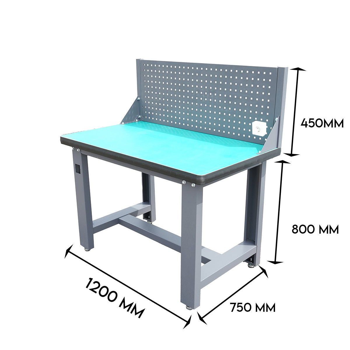 Műhely munkapad 220V-os aljzattal és perforált panellel 1200x750x800+450mm