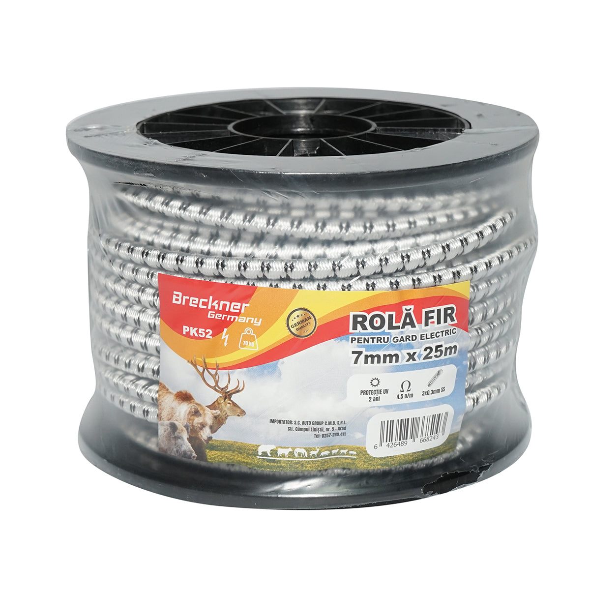 Elasztikus fehér-fekete rugalmas huzal tekercs fi 7mm, 3x0.3mm SS rozsdamentes acél, 4.5 Ohm/m 25m elektromos kerítés Breckner Germany