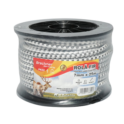 Elasztikus fehér-fekete rugalmas huzal tekercs fi 7mm, 3x0.3mm SS rozsdamentes acél, 4.5 Ohm/m 25m elektromos kerítés Breckner Germany