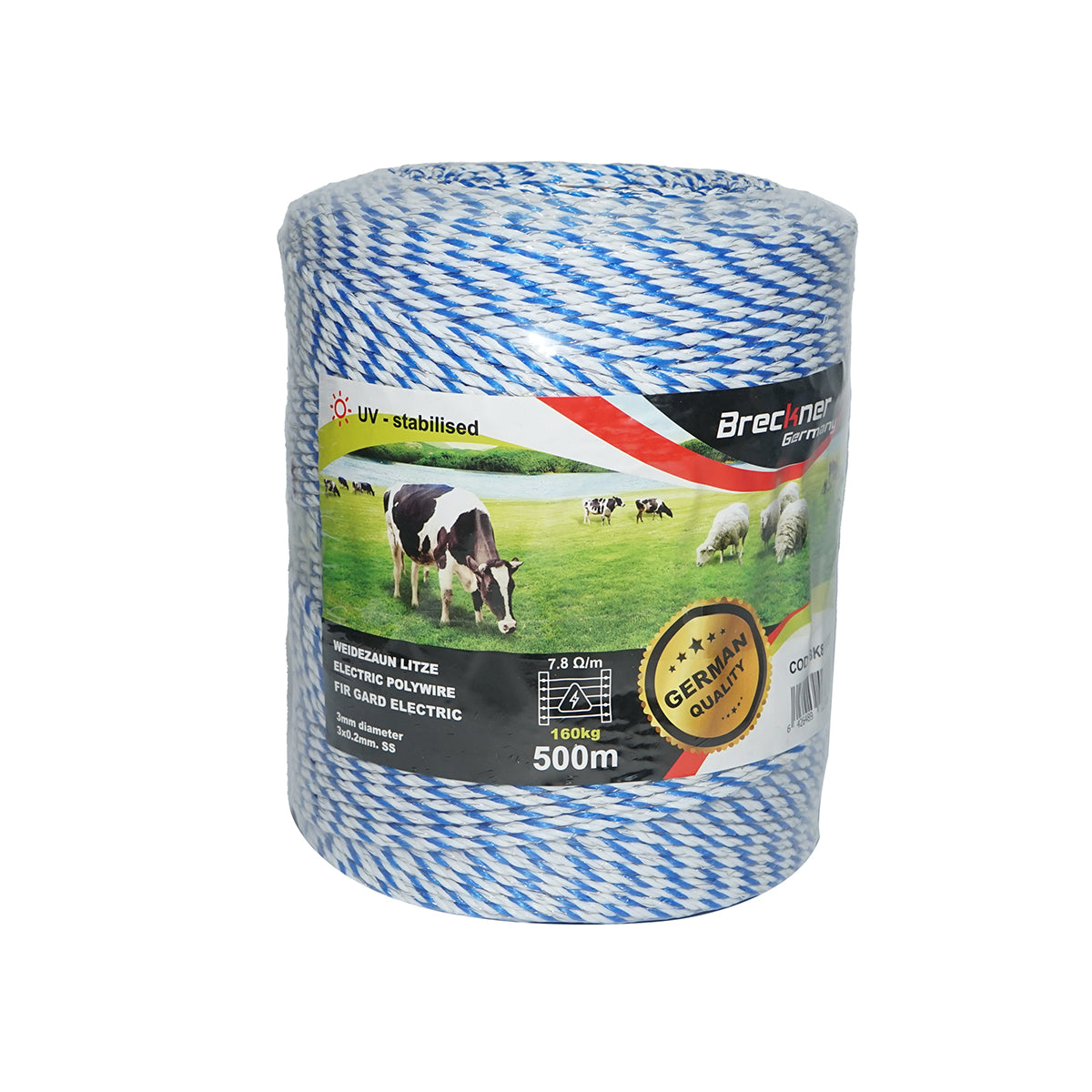 Fehér-kék drót 3mm 3x0.2mm SS, 7,8 Ohm/m, 500m elektromos kerítés Breckner Germany
