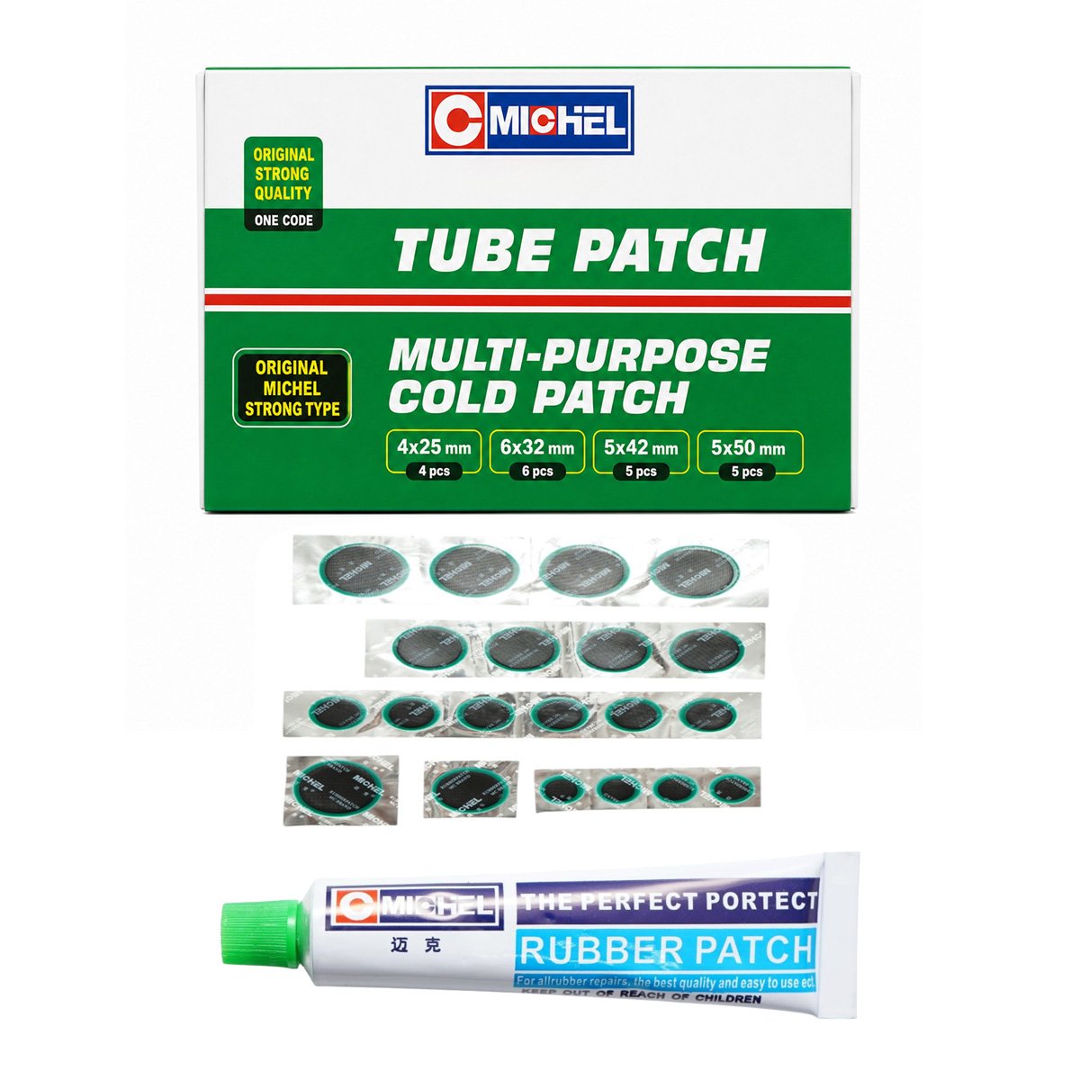 20 darabos vulkanizálási folt szett kerek 25mm, 32mm, 42mm, 50mm + 1 db 20ml ragasztó tubus Michel belső tömlőhöz