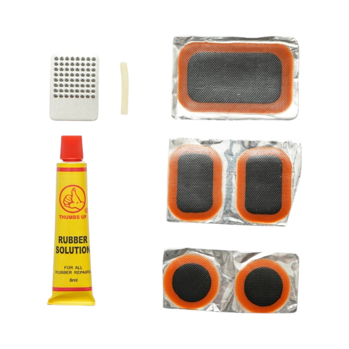 5 darabos gumifolt szett, defekt javító,kerékpár, motorkerékpár, talicska, tuk-tuk kamera javításához 24x35mm, 25mm, 32x50mm + 1 db 8ml ragasztó