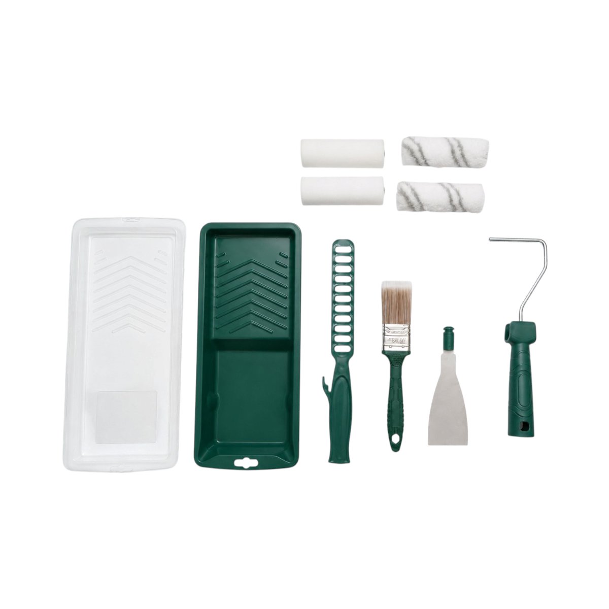 Festés és tapétázás szett 10cm-es sablon, 2 gyapjú henger, 2 szivacs henger, 38mm ecset, spatula, kézi keverő, festéktálca, 10 darabos tartalék tálca Breckner Germany