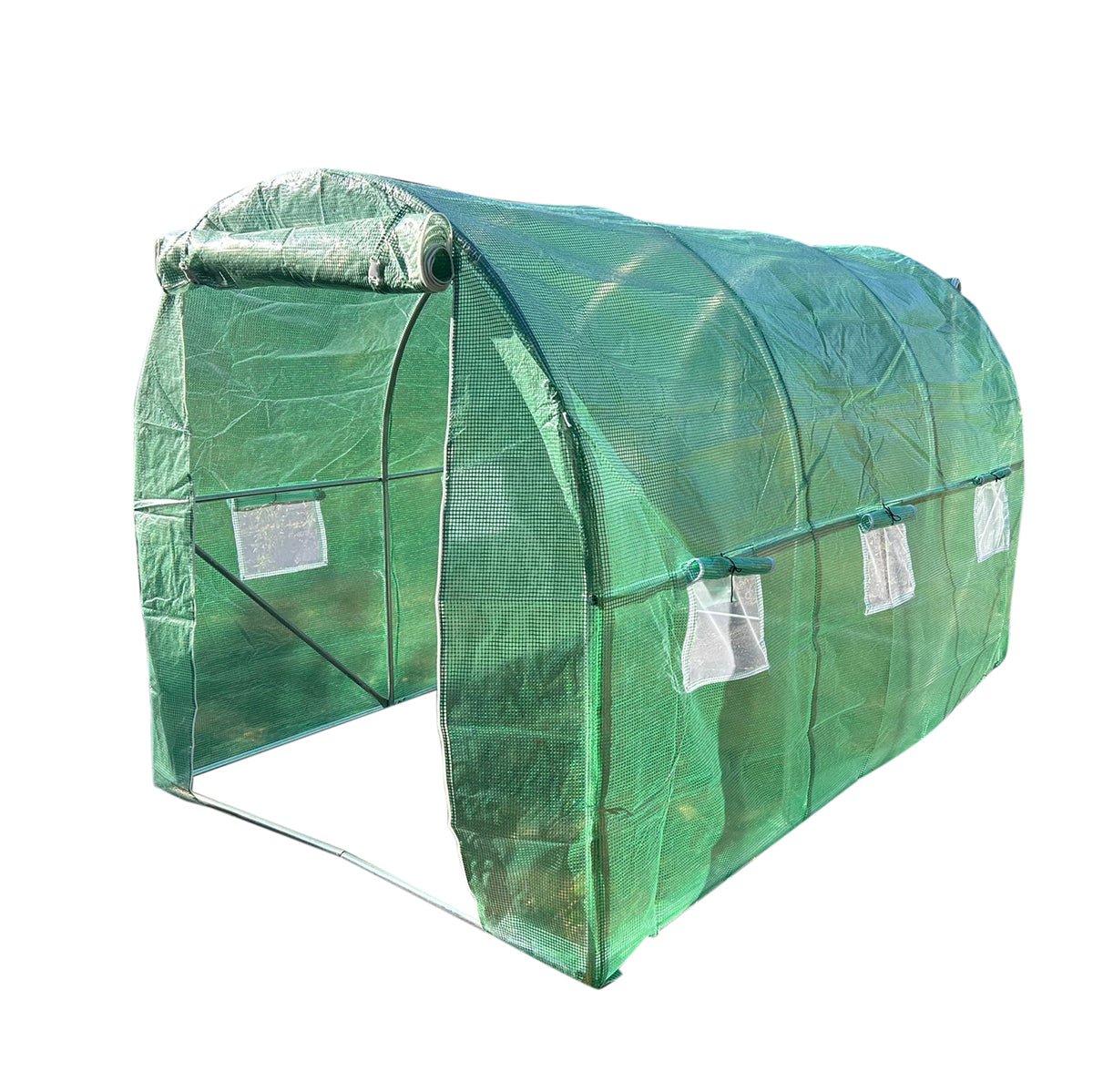 Kerti fóliasátor 300x200x200cm öntözőrendszerrel, zöld PE fólia 140g/mp UV hálóval, 6 ablak, 2 ajtó, horganyzott acélcső 25mm