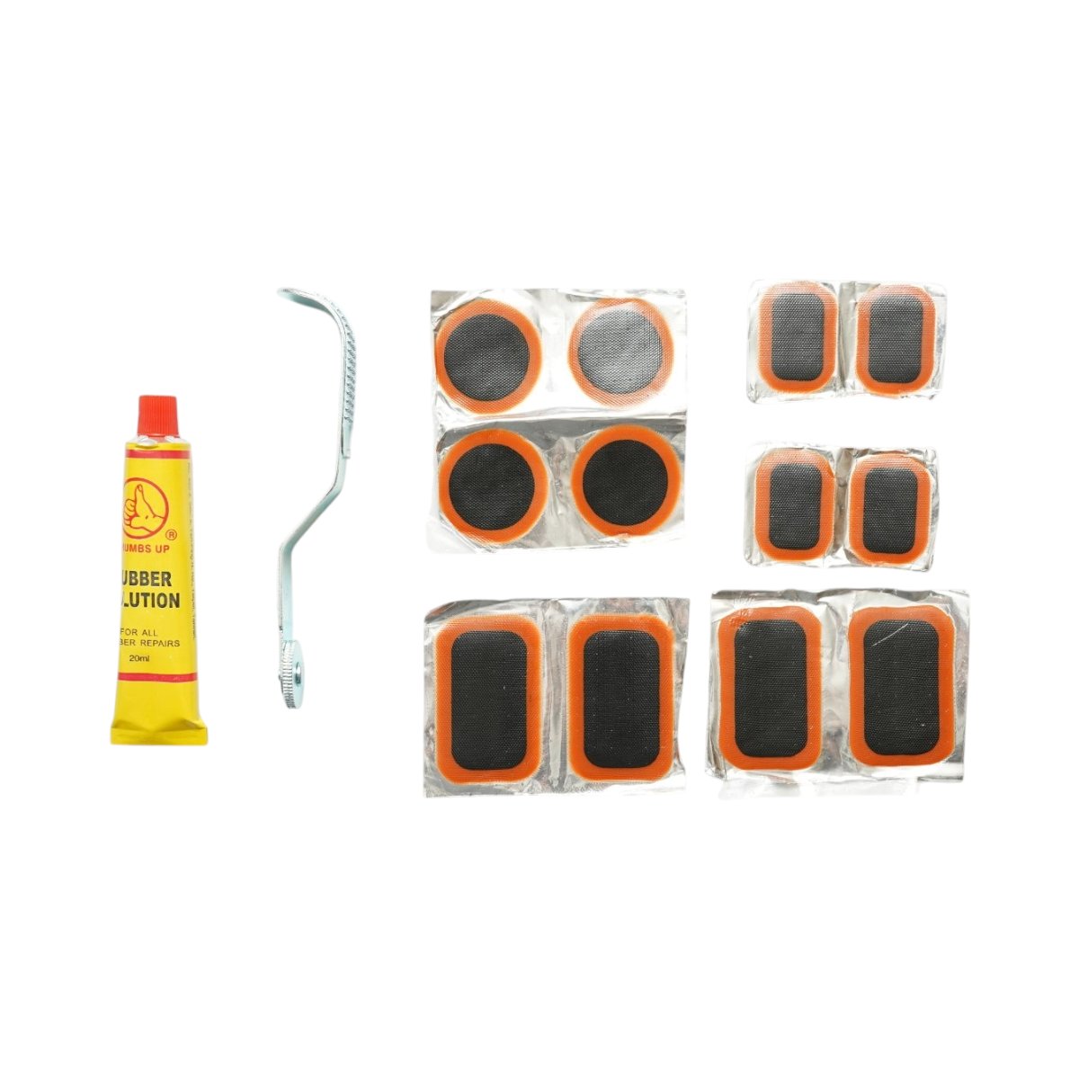 12 darabos gumifolt, defektjavító  gumiabroncsokhoz és belső tömlőkhöz 25x35mm, 35mm, 32x52mm + préshengerek + 1 db 20ml ragasztó tubus