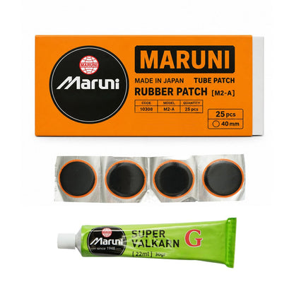 25 darabos 40mm-es kerek vulkanizálási folt készlet + 1 tubus Super Valcarn G 22ml ragasztó légkamrákhoz M2-A Maruni made in Japan