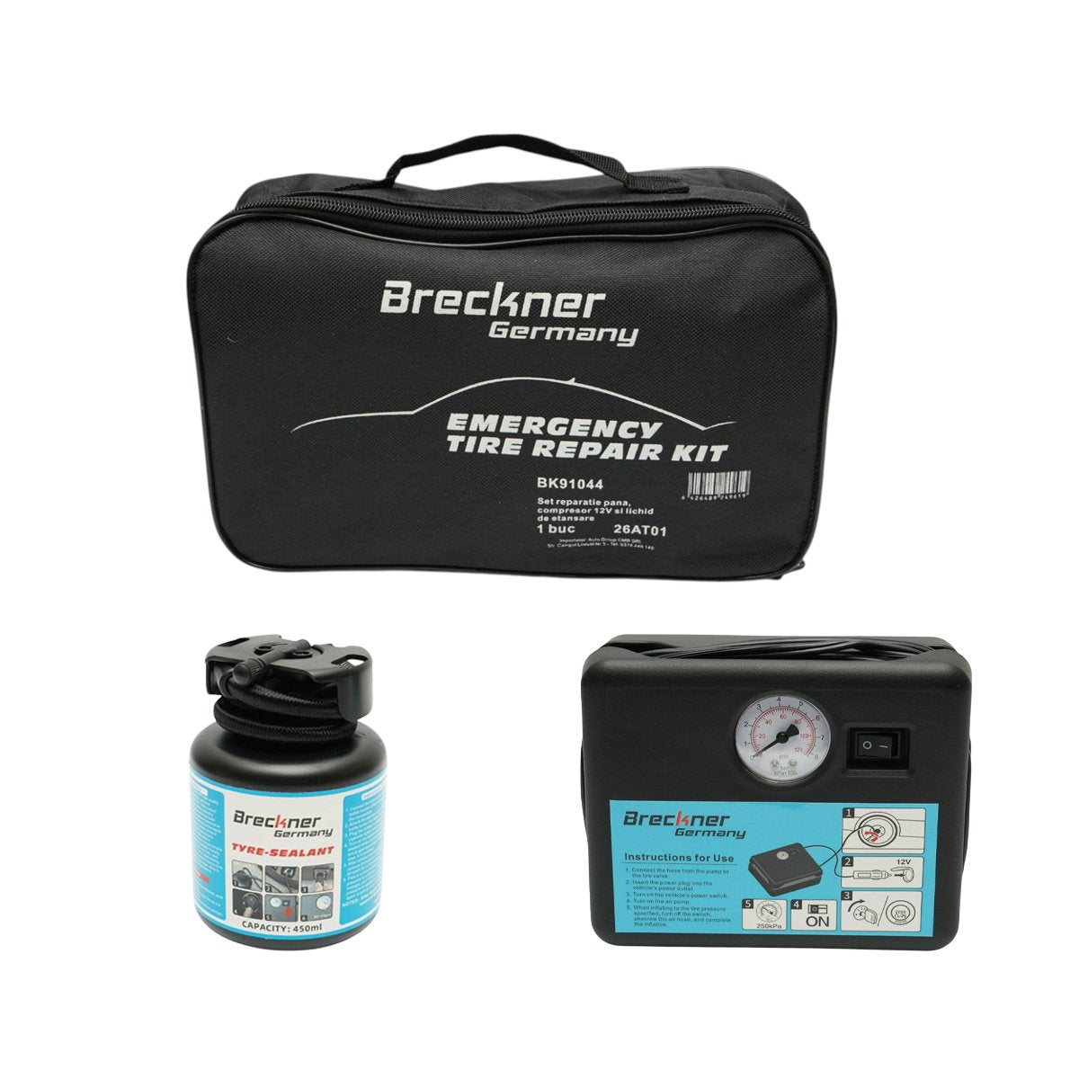 Gumiabroncs javítókészlet 12V kompresszorral és 450ml tömítőfolyadékkal Breckner Germany