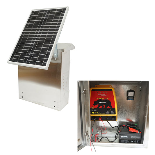 Impulzusgenerátor 12 Joule, DC12V/220V. 30W-os napelemmel és 12V 12Ah akkumulátorral rozsdamentes acél doboz, elektromos kerítéshez Breckner Germany.