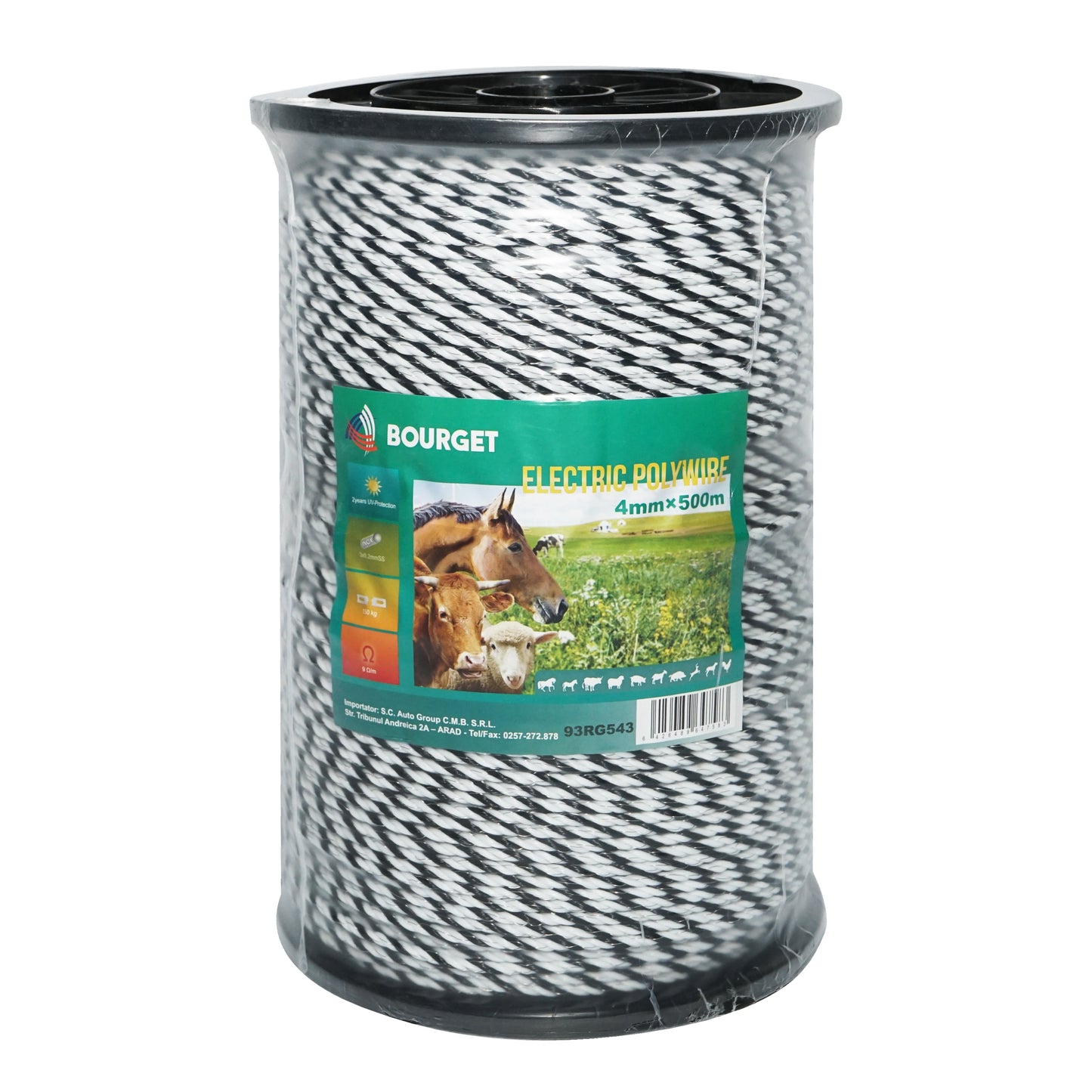 Fekete-fehér drót 4mm 3x0.2mm SS, 500m elektromos kerítés, ellenállás 9 Ohm Bourget