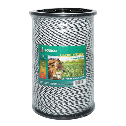 Fekete-fehér drót 4mm 3x0.2mm SS, 500m elektromos kerítés, ellenállás 9 Ohm Bourget