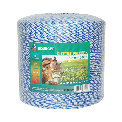 Fehér-kék drót 3mm 3x0.2mm SS, 1000m elektromos kerítés, ellenállás 7.8 Ohm Bourget