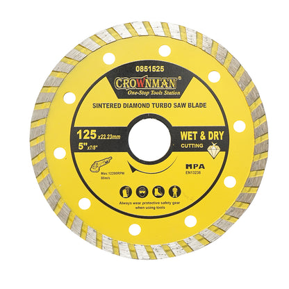 125x22,23mm turbó szinterezett gyémántkorong, max. fordulatszám 12200rpm, nedves/száraz vágás kő, csempe, kerámia, márvány Crownman