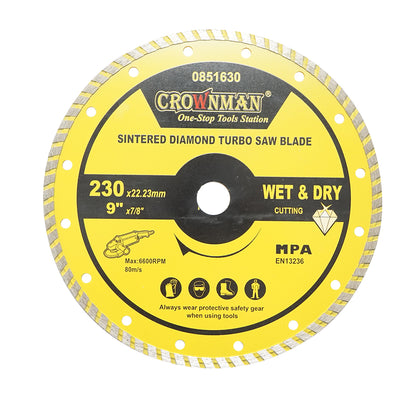 Turbó szinterezett gyémánttárcsa 230x22.23mm, max. fordulatszám 6600rpm, nedves/száraz vágás kő, csempe, kerámia, márvány Crownman