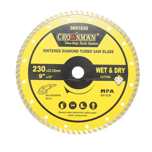 Turbó szinterezett gyémánttárcsa 230x22.23mm, max. fordulatszám 6600rpm, nedves/száraz vágás kő, csempe, kerámia, márvány Crownman