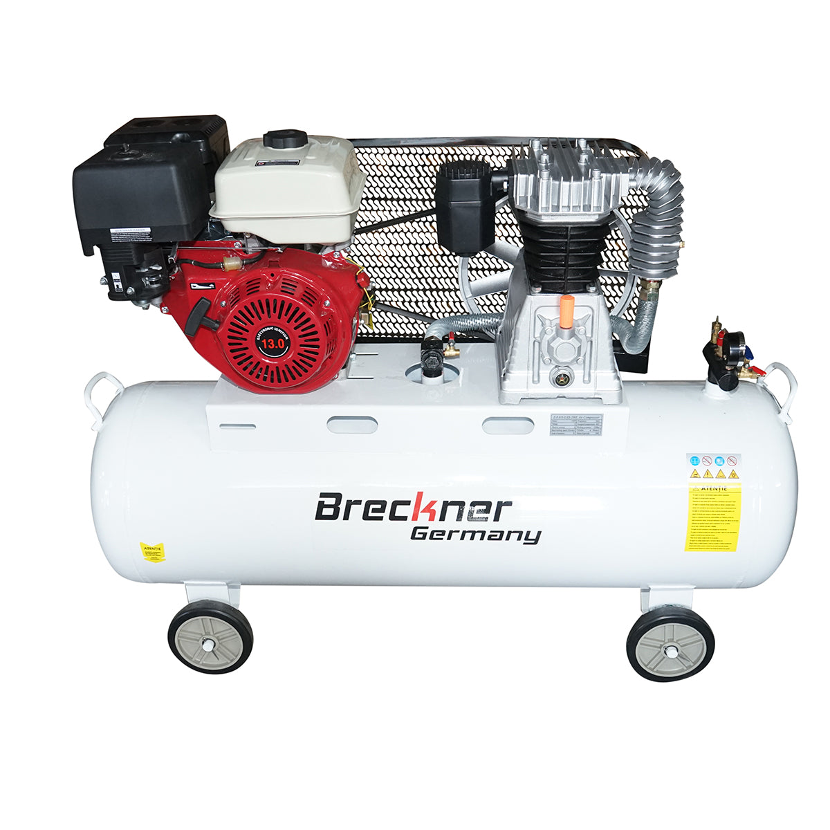 200 literes szíjhajtású légkompresszor, kompresszor 13 LE-s benzinmotor, maximális nyomás 8 bar, levegőbeömlési térfogat 600 l/perc Breckner Germany