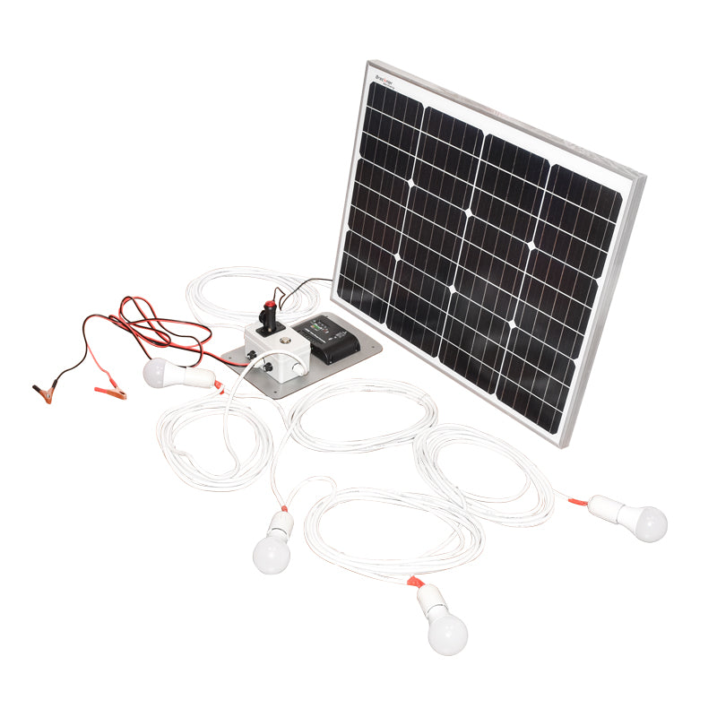 Napelem szett 50W monokristályos fotovoltaikus napelem 670x540x30mm 12-24V foglalat öngyújtó 4 izzóval 9W Breckner Germany