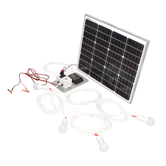 Napelem szett 50W monokristályos fotovoltaikus napelem 670x540x30mm 12-24V foglalat öngyújtó 4 izzóval 9W Breckner Germany