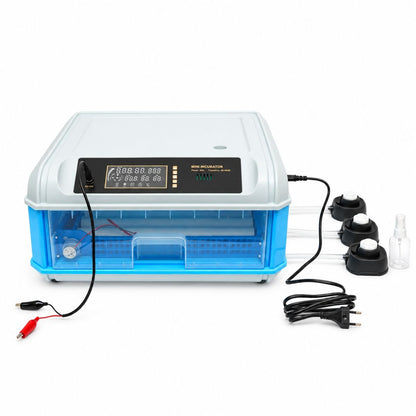 Automata tojásinkubátor, keltető gép 36 tojáshoz 35W, 12V-220V, automata forgatás, LED ovoszkóp, hőmérséklet-szabályozás, páratartalom-szabályozás, digitális kijelző, riasztás
