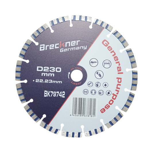 Turbo szegmentált gyémánttárcsa 230x22.23mm, szegmens 10mm vasbetonhoz, kemény kőhöz, burkolókhoz Breckner Germany
