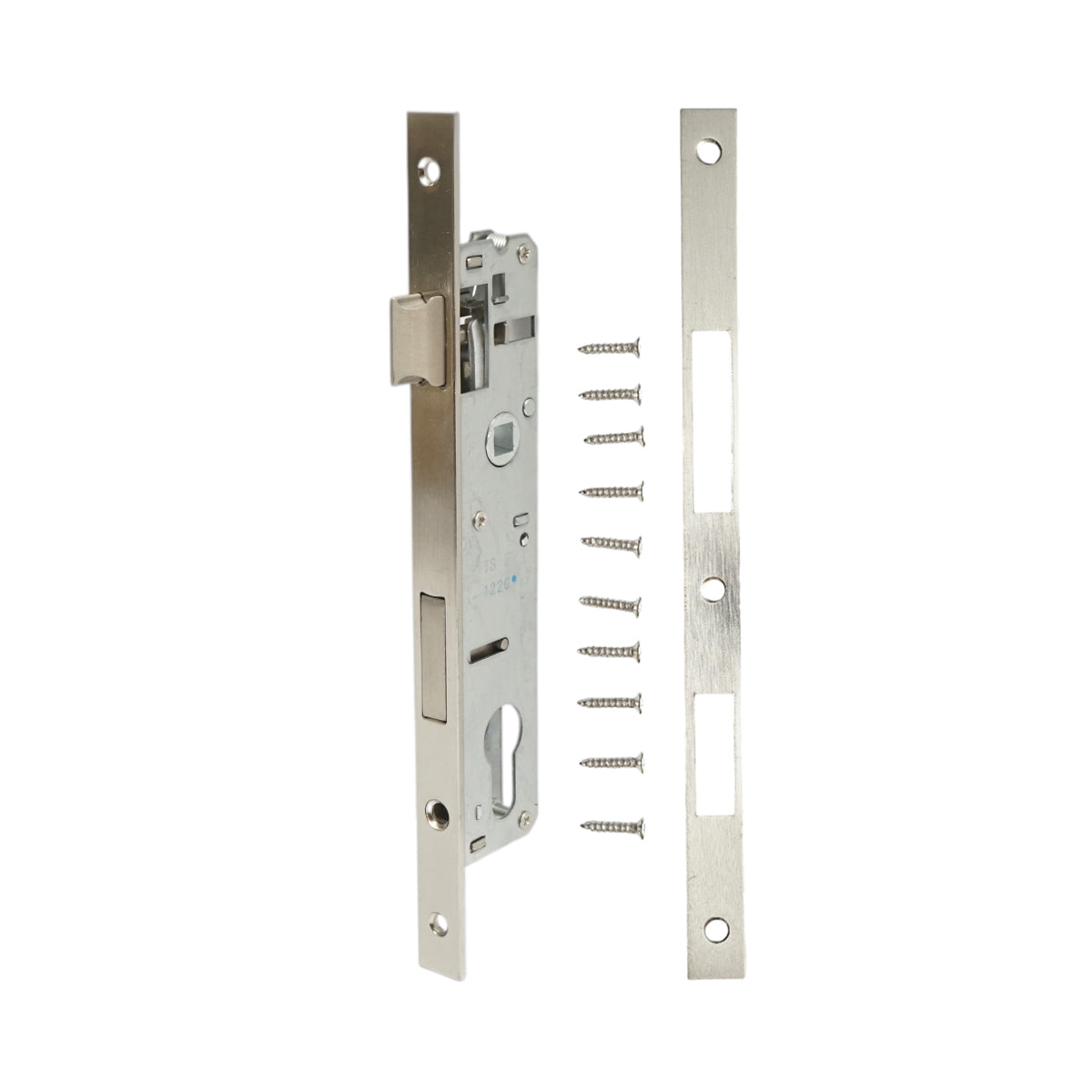 Beépített ajtózár nyelvvel 34x174mm, előlap 16x240mm, szatén nikkel, csavarok mellékelve