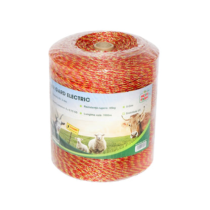 Sárga-piros drót 2mm fém betét 6x0.15mm SS, ellenállás 8 Ohm/m, 1000m elektromos kerítés Mezofarm