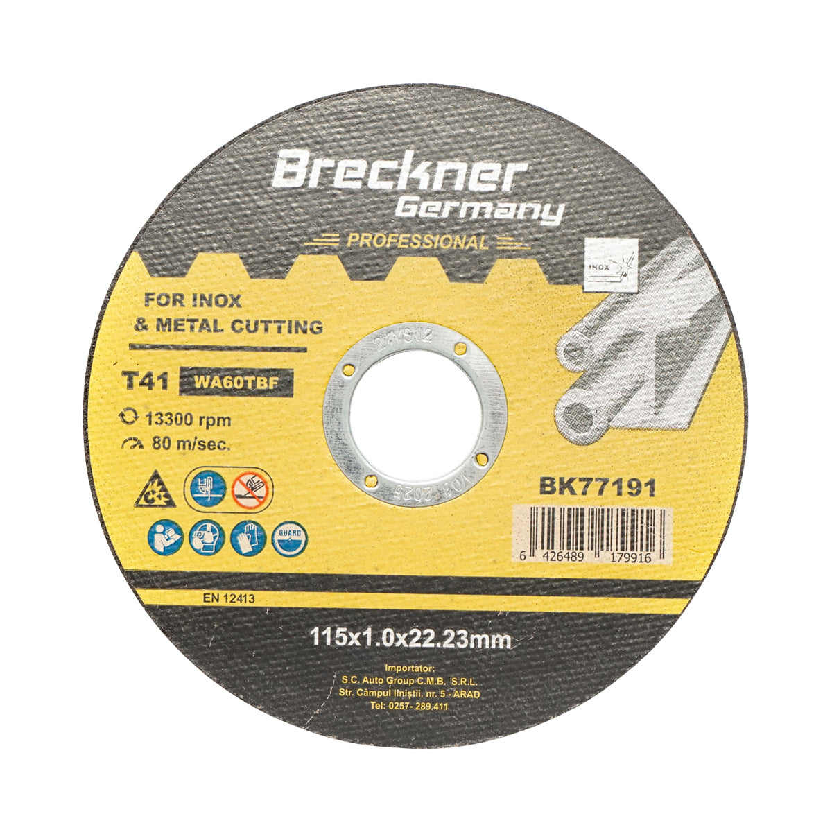 Vágókorong, rozsdamentes acél vágáshoz T41 115x1.0x22mm Breckner Germany A feltüntetett ár 1db! 10db/csomag