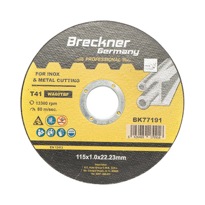 Vágókorong, rozsdamentes acél vágáshoz T41 115x1.0x22mm Breckner Germany A feltüntetett ár 1db! 10db/csomag