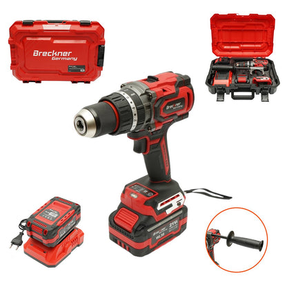 Ütvefúró-csavarbehajtó 1000W, 2 akkumulátor 21V, 4Ah Li-ion, LED, brushless, 180Nm, 13mm tokmány, 0-500/2000rpm, vibráció elleni fogantyú Breckner Germany