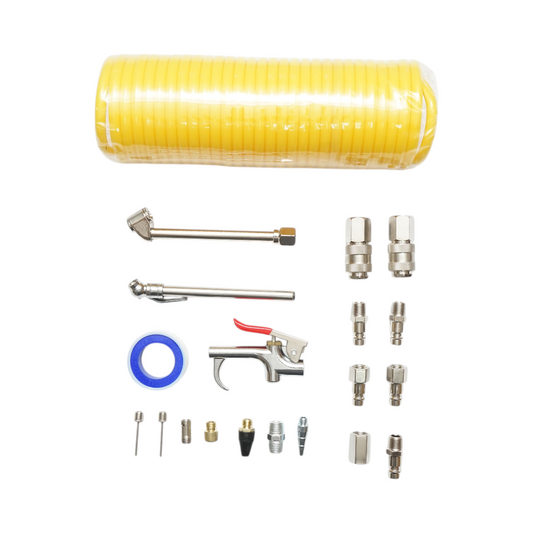 20 darabos légkompresszor tartozékkészlet spiráltömlővel, fúvópisztollyal, csatlakozókkal, fúvókákkal és univerzális gyorscsatlakozókkal.