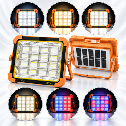 Hordozható LED reflektor 500W napelemes panellel 3W, 12000mAh akkumulátor, 6 világítási mód, mágnes, karabiner, USB Power Bank Breckner Germany