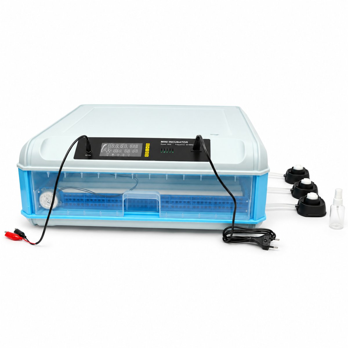 Automata tojásinkubátor, keltető gép 100 tojáshoz 80W, 12V-220V, automata forgatás, LED ovoszkóp, hőmérséklet-szabályozás, páratartalom-szabályozás, digitális kijelző, riasztás