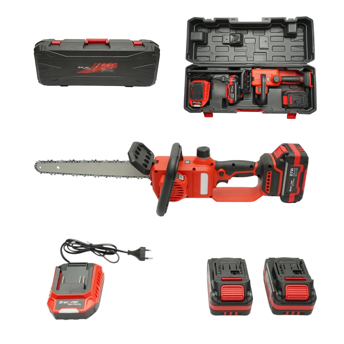 Mini elektromos láncfűrész 800W 2 db 21V, 4Ah Li-ion akkumulátorral, Brushless, 12 inch (300mm) lánc, 260mm vágási kapacitás, LED digitális kijelző Breckner Germany
